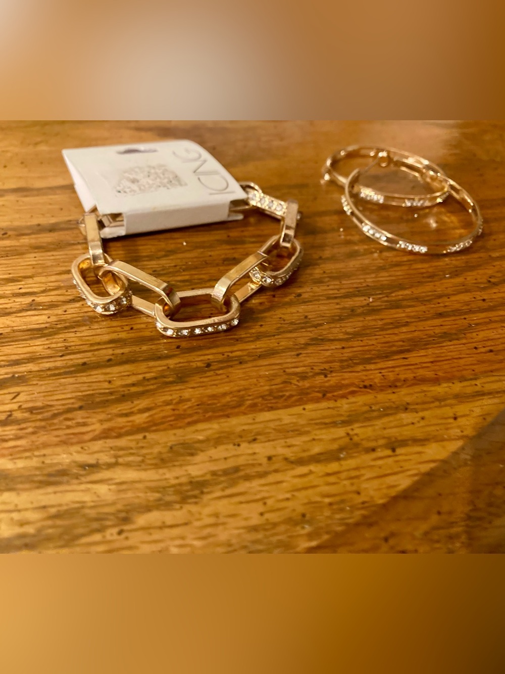 Icing Chain Link Bracelet & Hoop Earrings  with Rhinestone -Trim- Gold tone - Picture 3 of 9